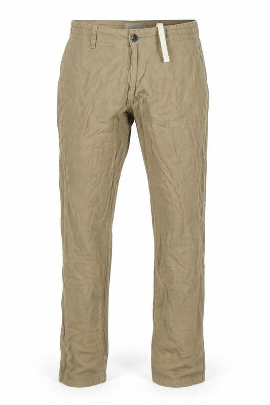 Front view of Marks & Spencer men’s beige chino trousers, size 32, 25-inch leg