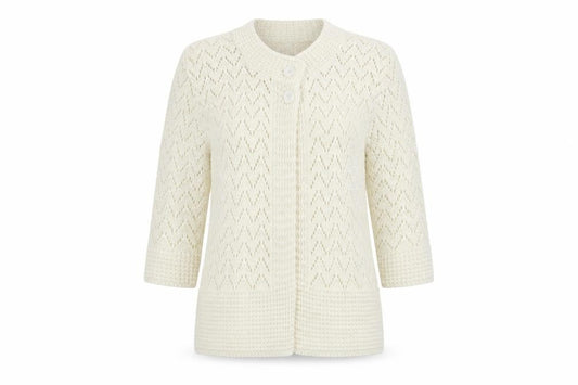 Front view of Elegant Collection women’s white cardigan jumper, size S
