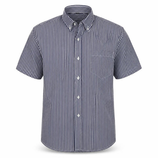 Front view of lanzans men’s blue striped button-up, size 40