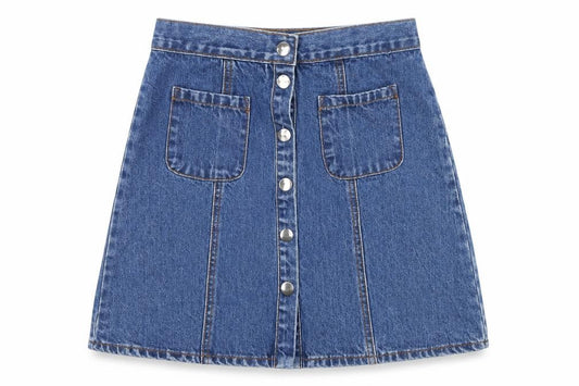 Front view of BDG women’s blue denim straight & pencil skirt, size S