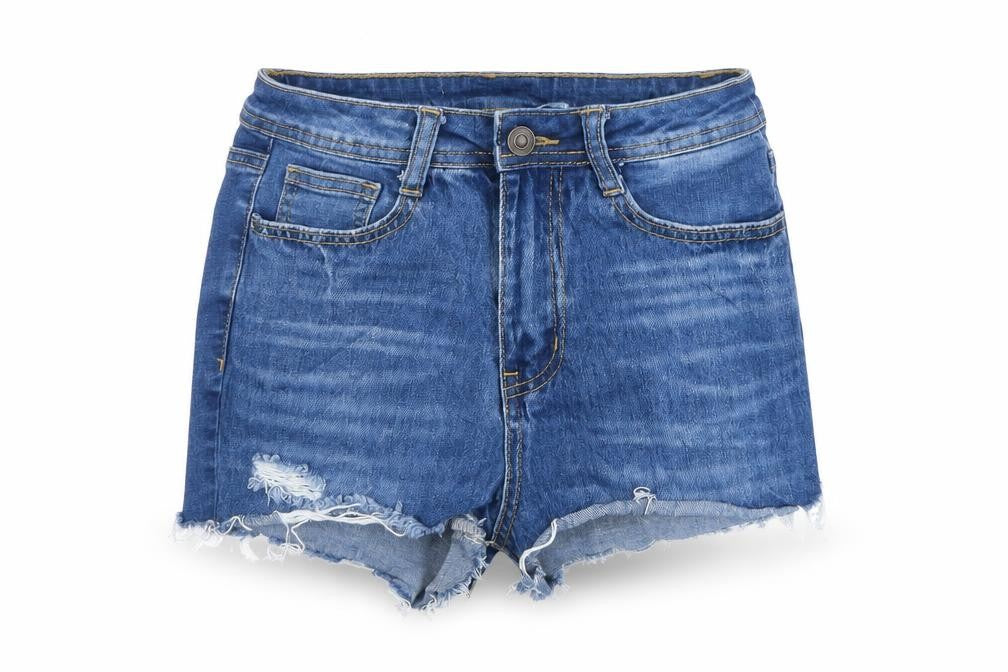 Front view of SHEIN women’s blue denim hot pants shorts, size S, - ripped