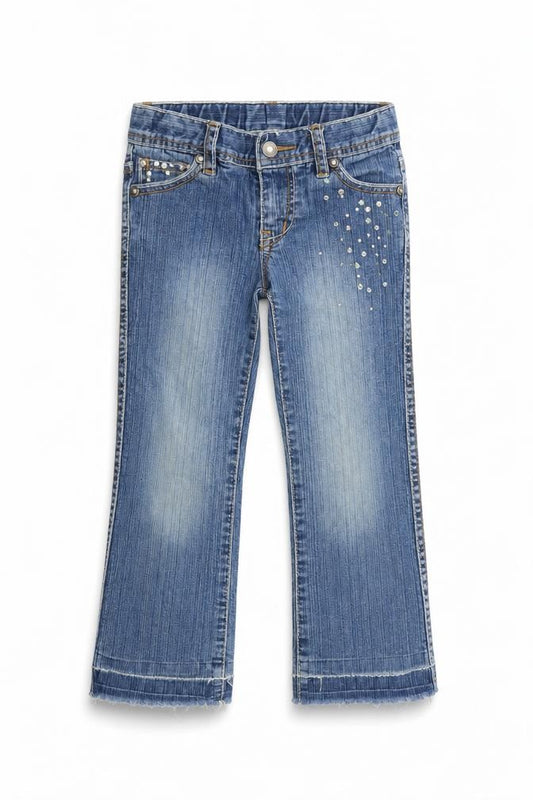 Front view of Pumpkin Patch girls’ blue straight jeans, size 4, years - distressed hem sequins