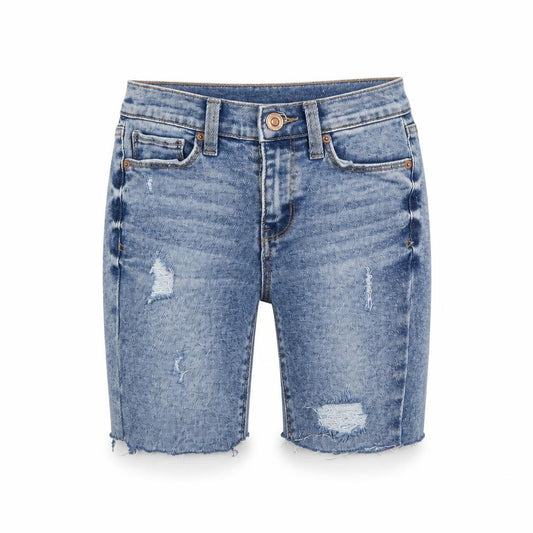 Front view of Mudd women’s blue bermuda shorts, size UK 4, - distressed