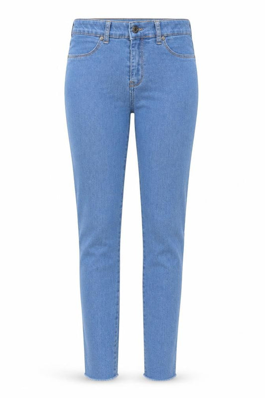 Front view of women’s blue denim skinny jeans, size UK 28, in, 26-inch leg