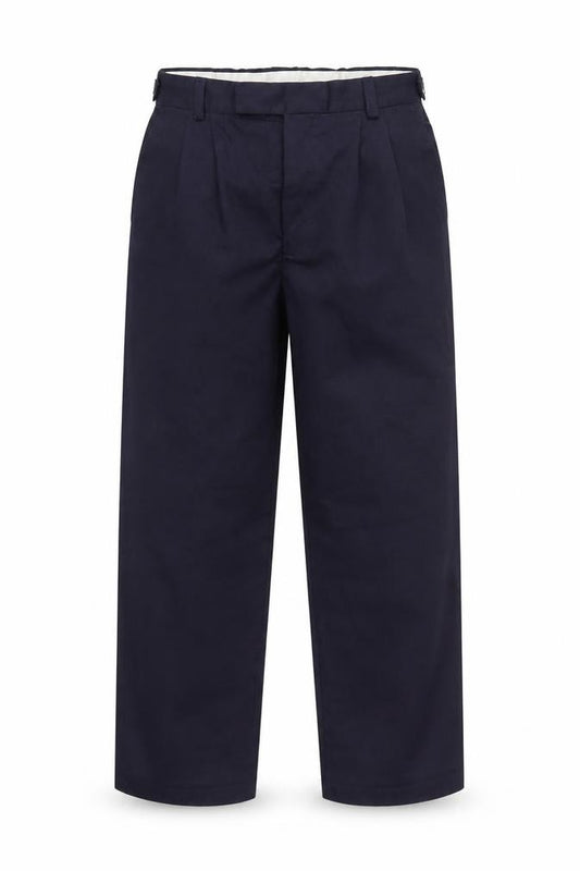 Front view of G & D boys’ blue carrot trousers