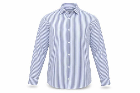 Front view of River Island men’s blue striped button-up, size XS
