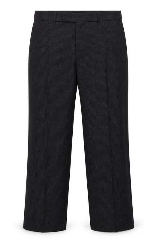 Front view of George men’s black striped trousers, size 34, 23-inch leg