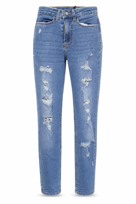 Front view of H&M women’s blue denim skinny jeans, size UK 4, 26-inch leg