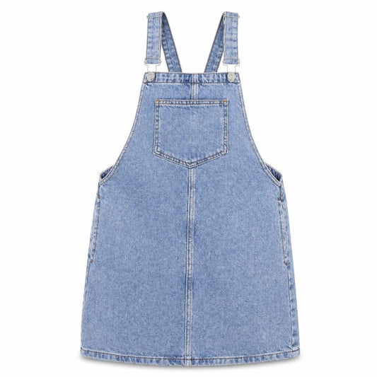 Front view of Moto women’s blue denim pinafore/dungaree dress, size UK 6