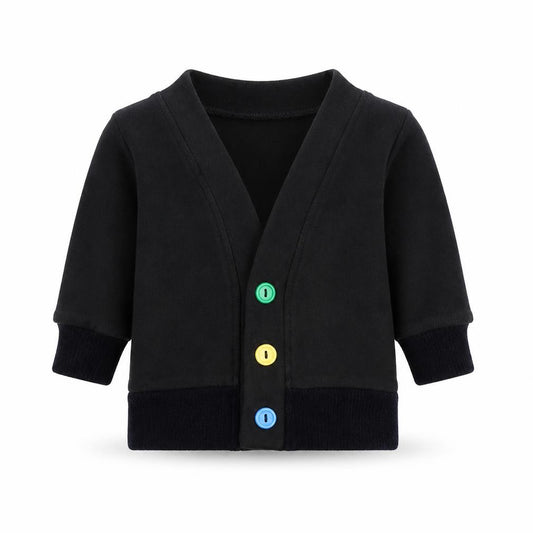 Front view of electrik kidz boys’ black knit cardigan jumper, size 0-3, months