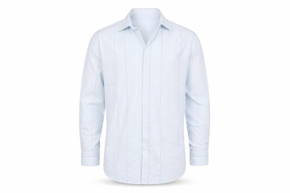 Front view of TU men’s blue striped dress shirt, size M