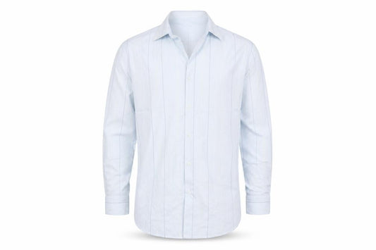 Front view of TU men’s blue striped dress shirt, size M