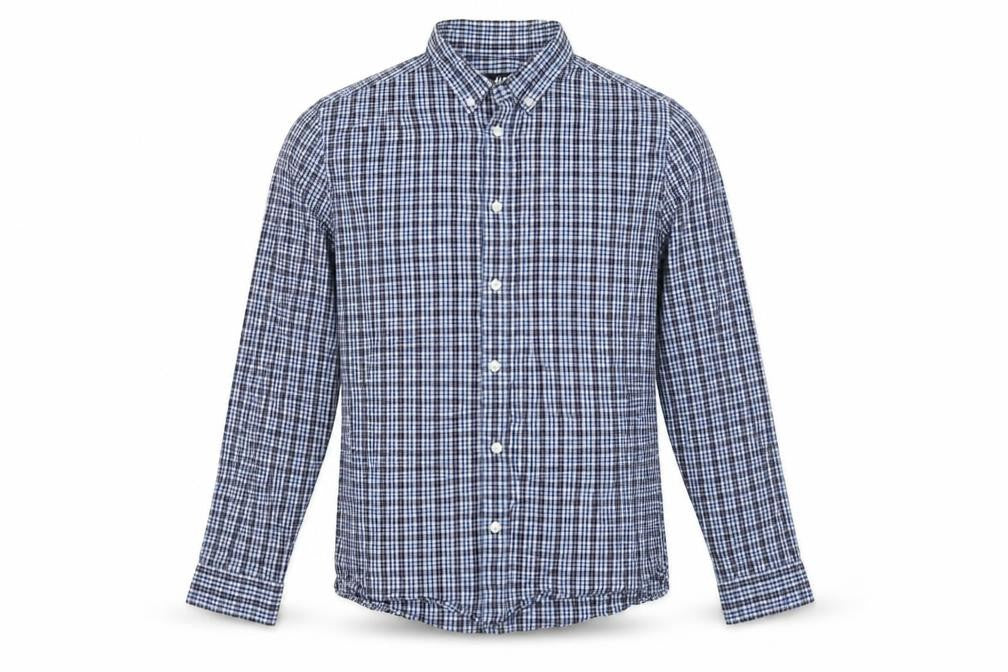 Front view of H&M men’s blue check button-up, size M