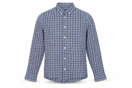 Front view of H&M men’s blue check button-up, size M