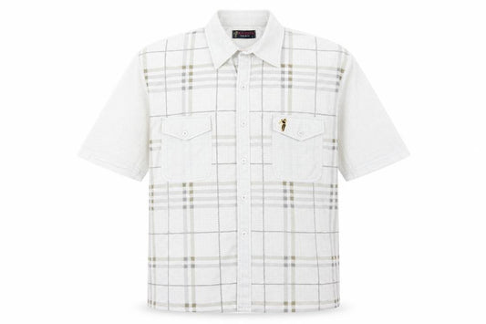 Front view of KAIDITE men’s beige check button-up, size L