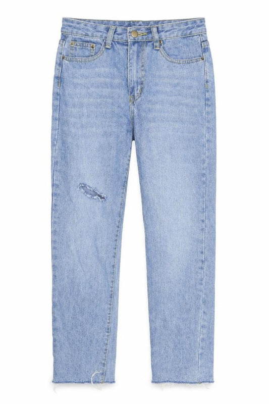 Front view of SHEIN women’s blue denim straight jeans, size M, 27-inch leg