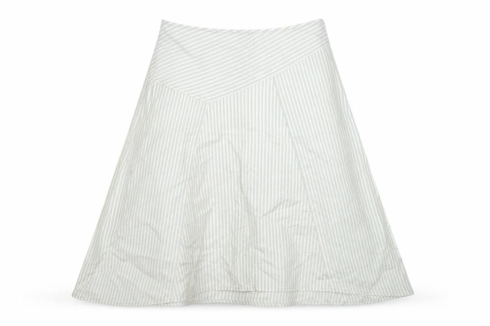 Front view of H&M women’s green striped skater skirt, size UK 14