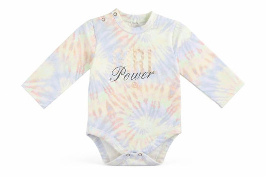 Front view of TEAM CUTE girls’ multicoloured tie dye babygrow one-piece, size 0-3, months