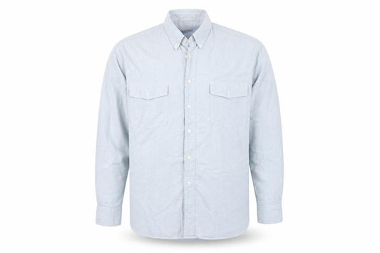 Front view of Blue jeans men’s blue button-up, size M