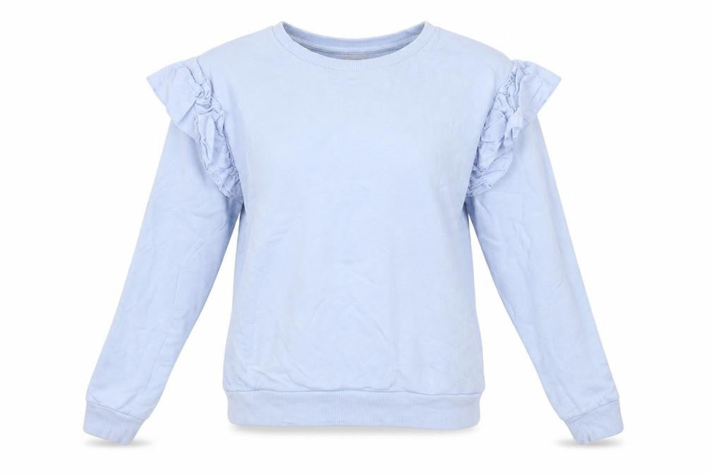 Front view of H&M women’s blue pullover sweatshirt, size XS