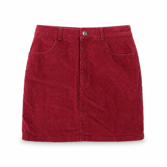 Front view of Missguided women’s red corduroy a-line skirt, size UK 10