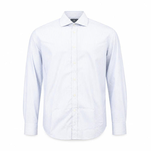 Front view of Hawes & Curtis men’s blue striped button-up, size 34
