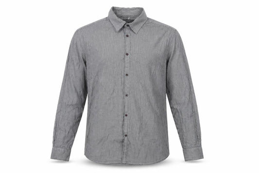 Front view of Sandstone men’s grey check button-up, size L