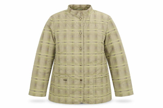 Front view of DELMOD women’s beige check jacket, size UK 16