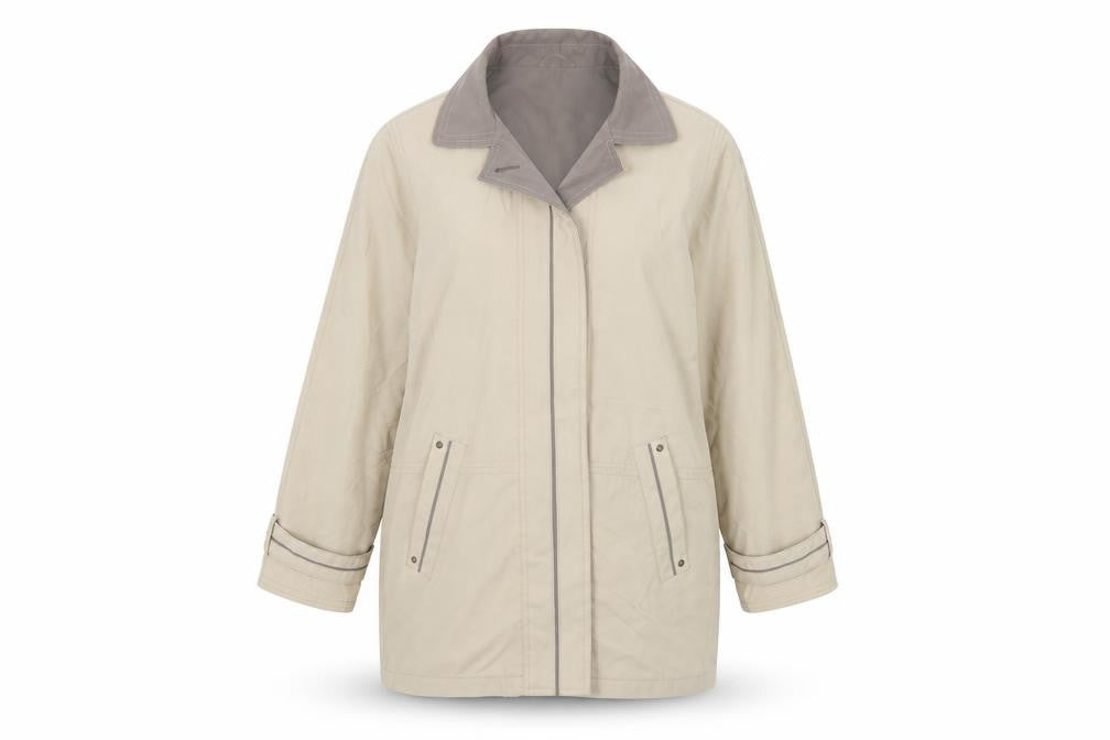 Front view of Telemac women’s beige jacket coat, size M