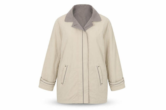 Front view of Telemac women’s beige jacket coat, size M