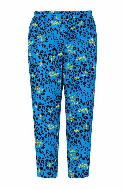 Front view of Papaya women’s blue animal print trousers, size UK 10, 27-inch leg