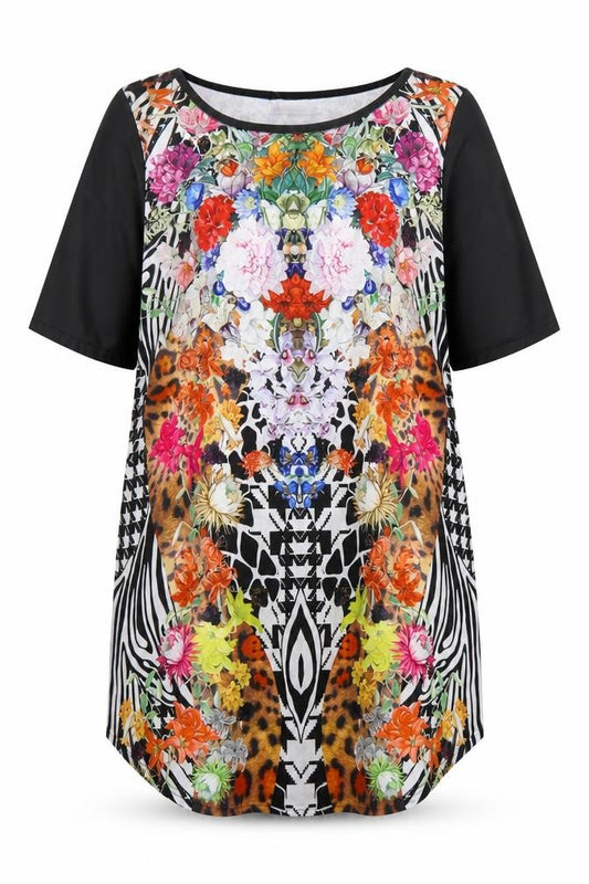 Front view of Sweetaeacia women’s multicoloured floral t-shirt dress, size UK 12