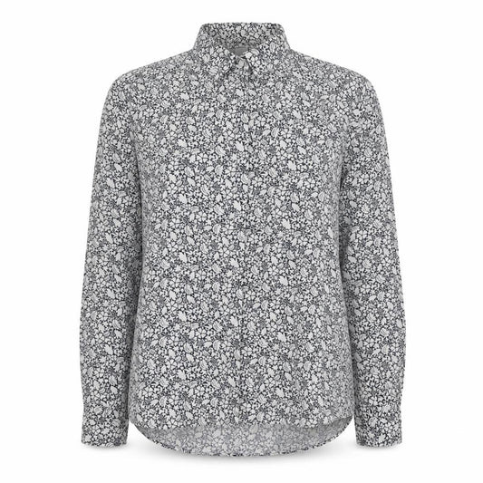 Front view of H&M women’s blue floral basic button-up, size UK 10