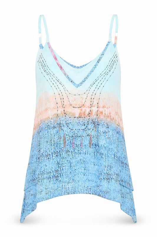 Front view of Sheilay women’s blue geometric camisole tank, size UK 6, - layered