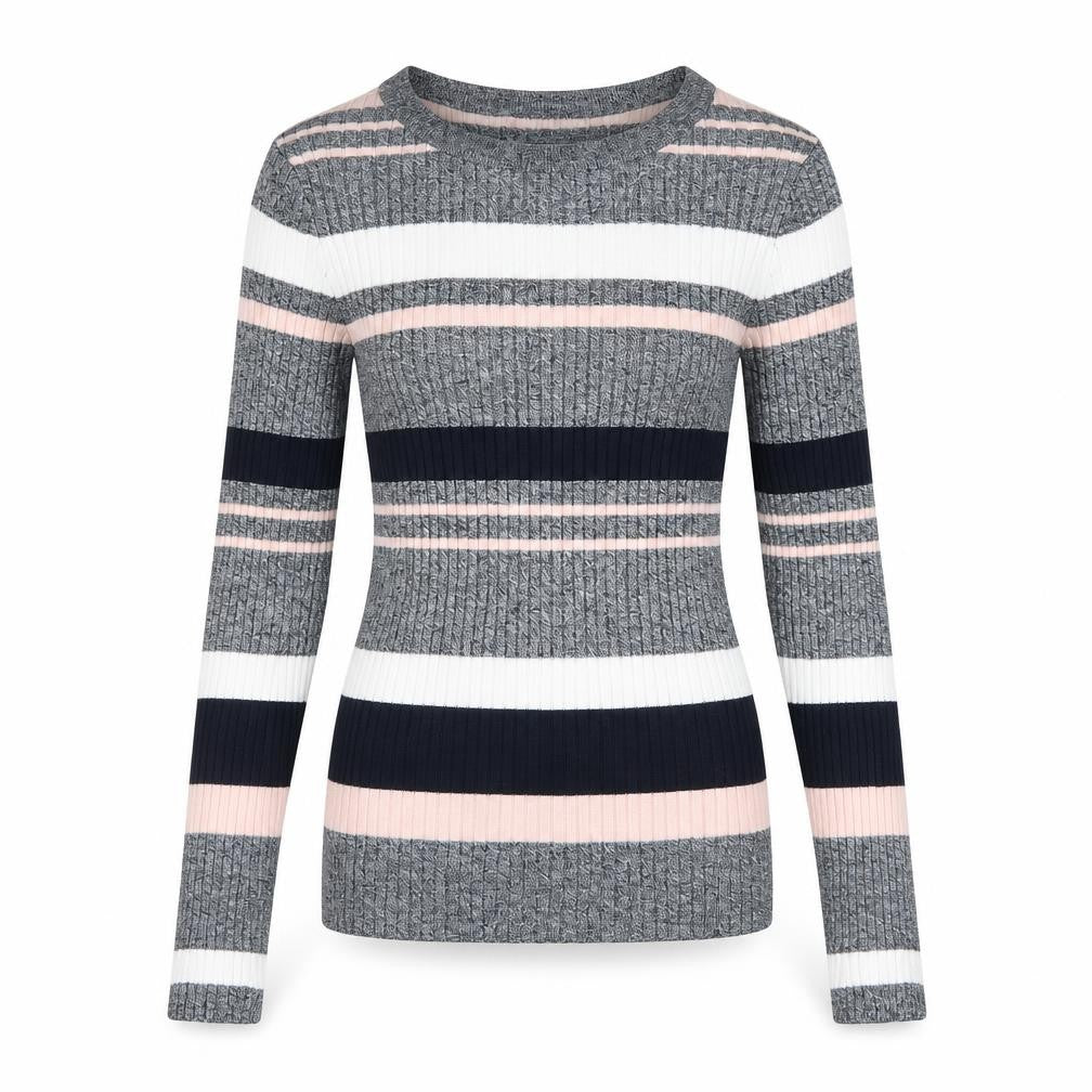 Front view of H&M women’s grey striped knit jumper, size XS