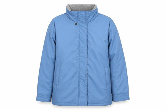 Front view of Damart men’s blue jacket coat, size S