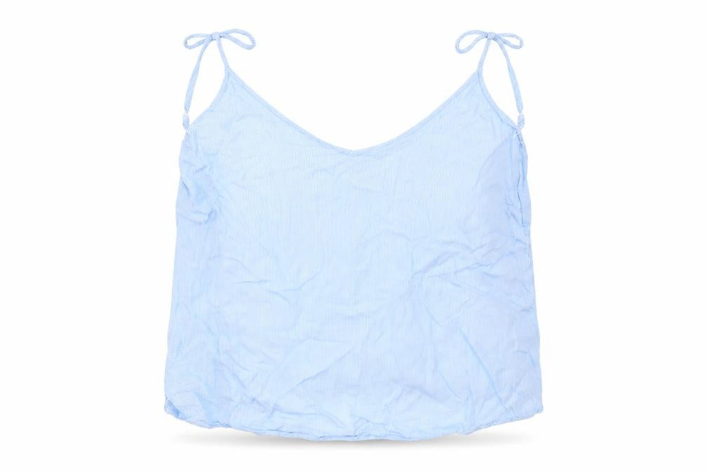 Front view of H&M women’s blue cropped blouse, size UK 6