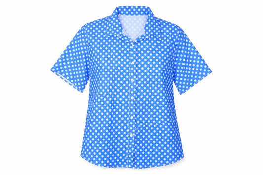 Front view of Preworn women’s blue polka dot basic button-up, size 3XL