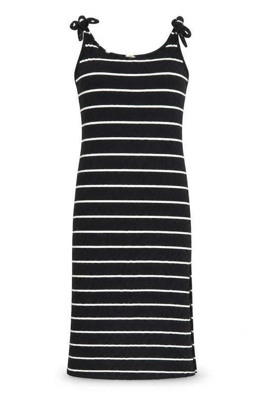 Front view of caution to the wind women’s black striped tank dress, size M