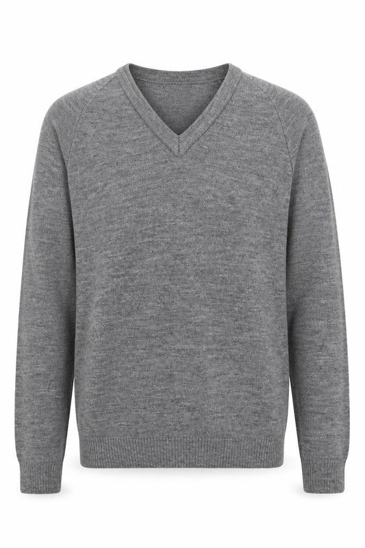 Front view of Courtelle men’s grey knit jumper, size S