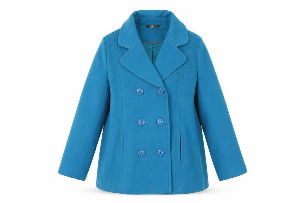 Front view of Bonmarché women’s blue overcoat coat, size UK 16