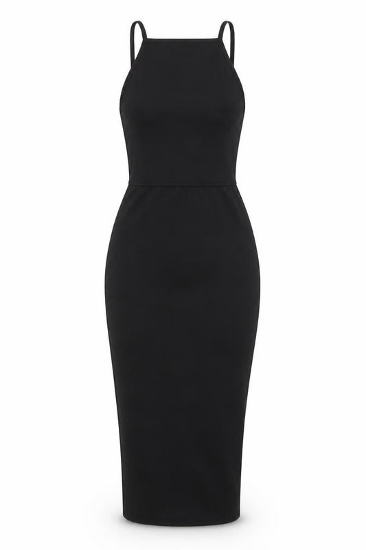 Front view of PRETTYLITTLETHING women’s black shift, size UK 6