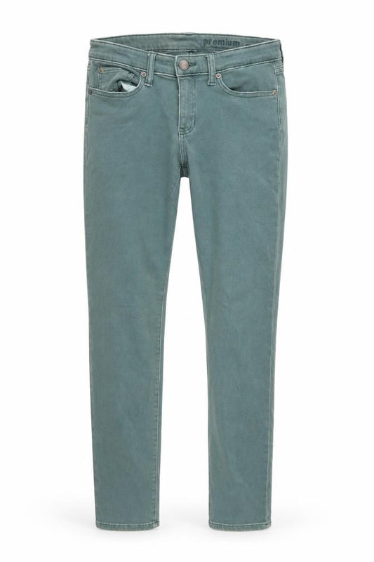Front view of Gap women’s green denim skinny jeans, size UK 8, 30-inch leg