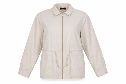 Front view of Preworn women’s beige jacket coat, size UK 12