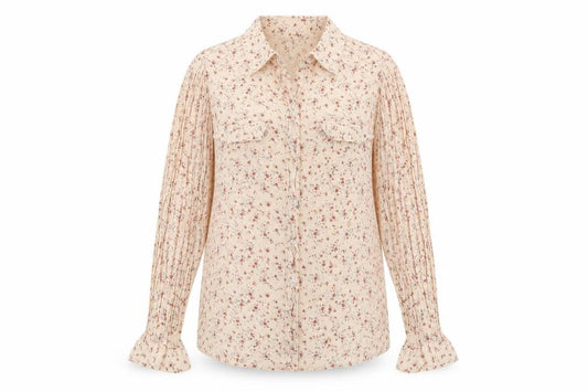 Front view of Denim CO women’s pink floral basic button-up, size UK 10
