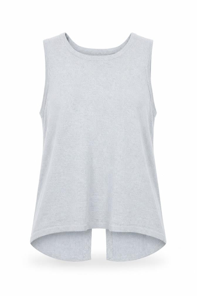Front view of River Island women’s blue knit vest jumper, size UK 10