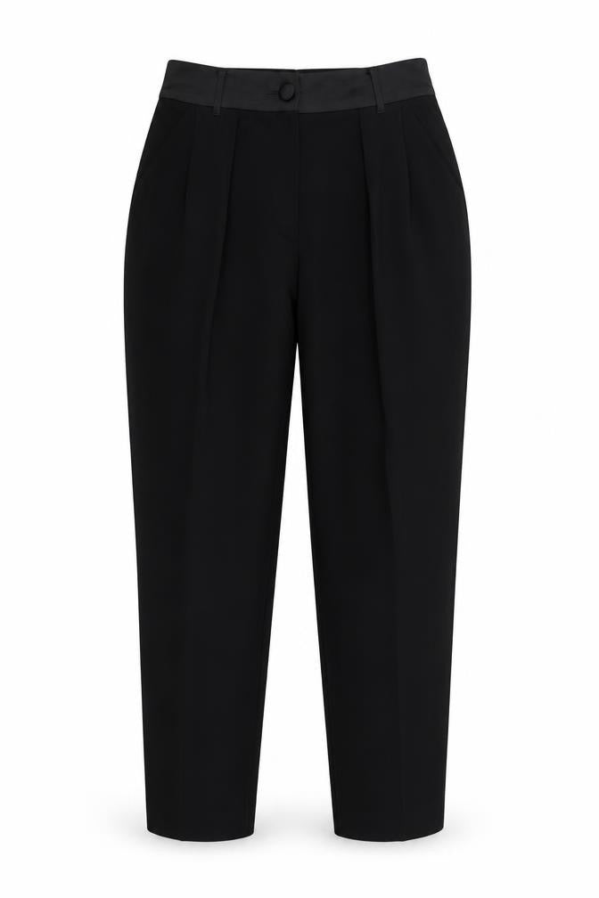 Front view of River Island women’s black rayon trousers, size UK 8, 26-inch leg