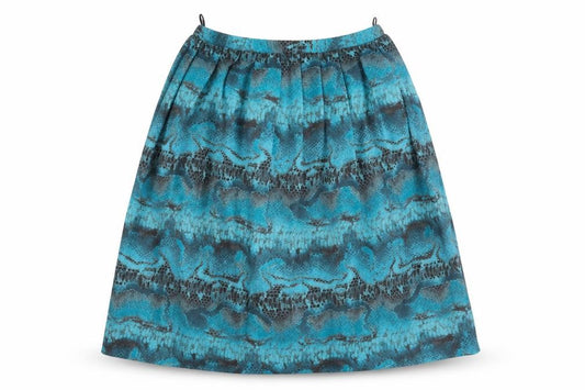 Front view of Rothmar women’s blue flare skirt, size UK 36, in - abstract design