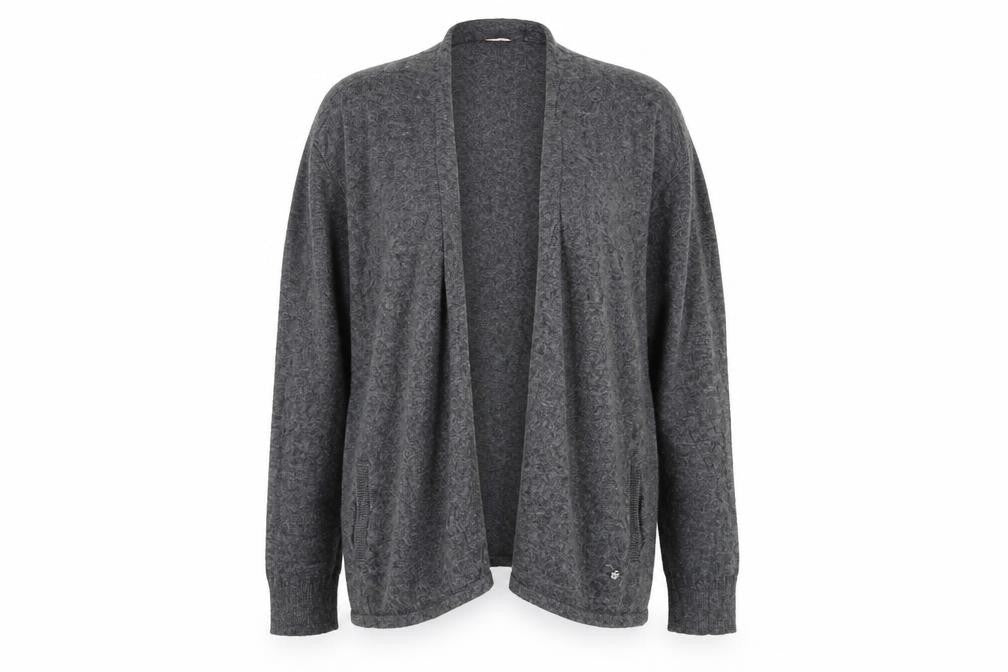 Front view of Preworn women’s grey cardigan jumper, size UK 12