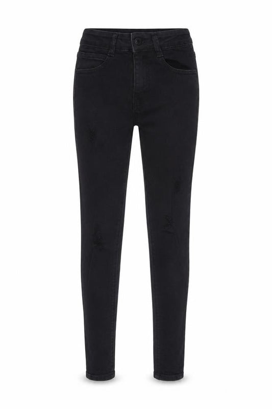Front view of women’s black denim skinny jeans, size UK 26, in, 22-inch leg